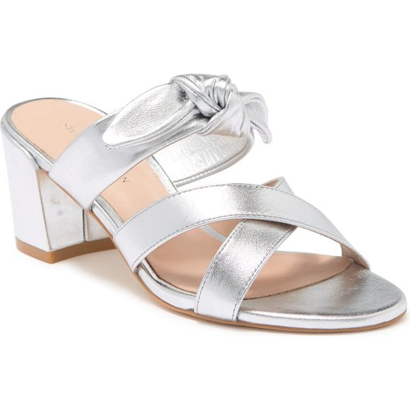 Stuart Weitzman $425 Bandeau Metallic Slide Bow Sandal Silver Leather MANY SIZES - Picture 2 of 11